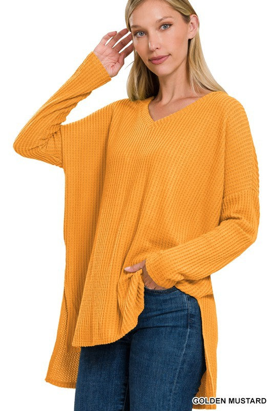 | '- Golden Mustard Thermal Waffle V-Neck
