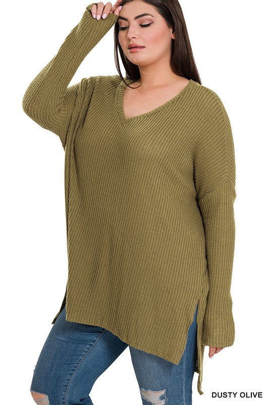 - Dusty Olive Thermal Waffle V-Neck Sweater
