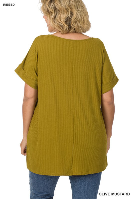 | '- Olive Mustard Ribbed V-Neck