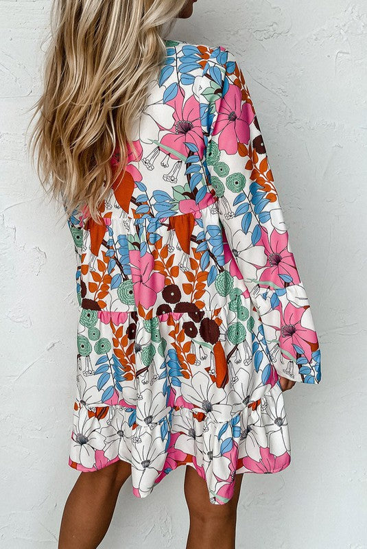 | '- Floral Tiered Long Sleeve Dress