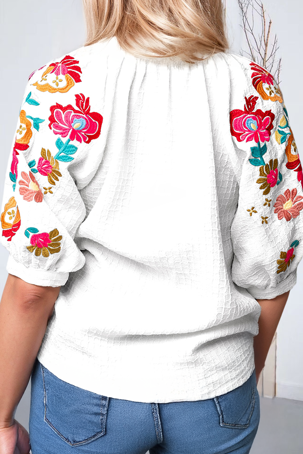 Floral Embroidered Puff Sleeve Textured Blouse