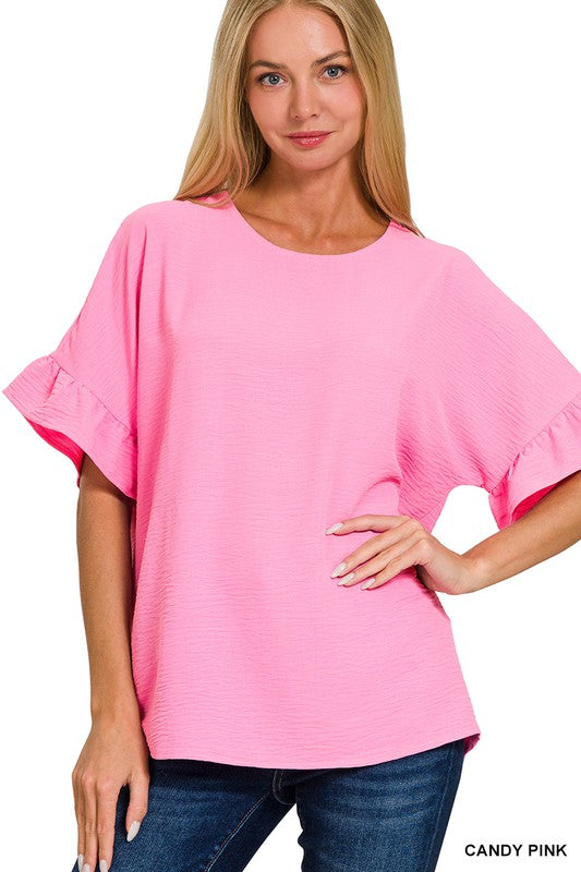 | '- Candy Pink Woven Ruffle Sleeve Top