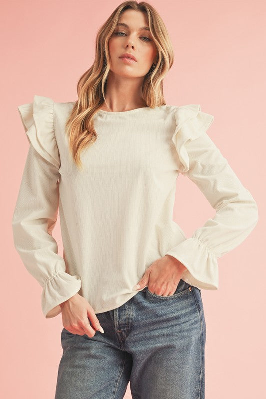 | Corduroy Round Neck Ruffled Top