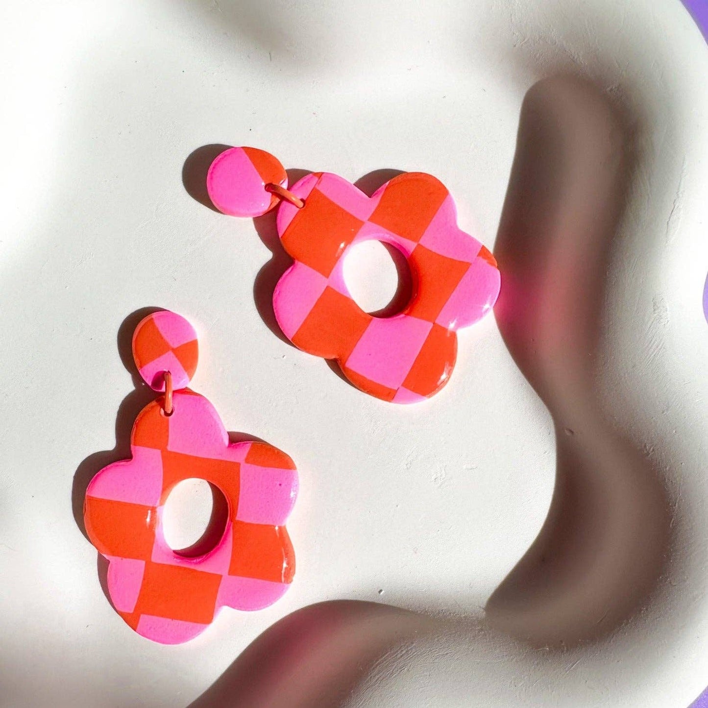 Pink and Orange Checker Print Flower Earrings