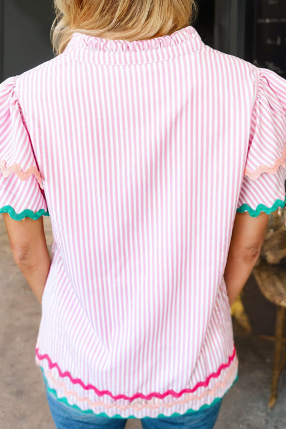 Ric-Rac Trim V Neck Pleated Blouse