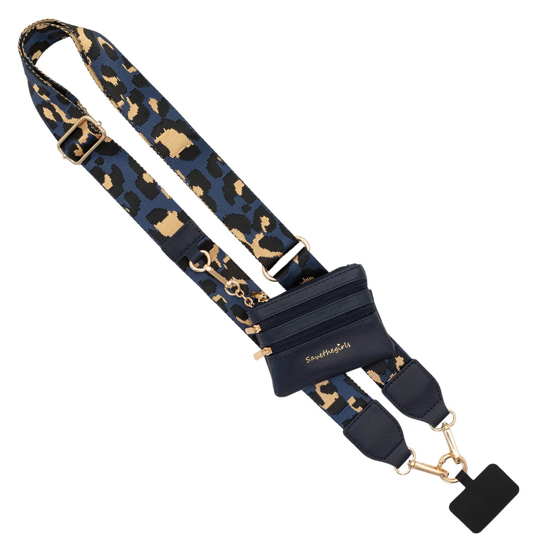 Navy/Brown Clip & Go Strap with Pouch - Leopard Collection