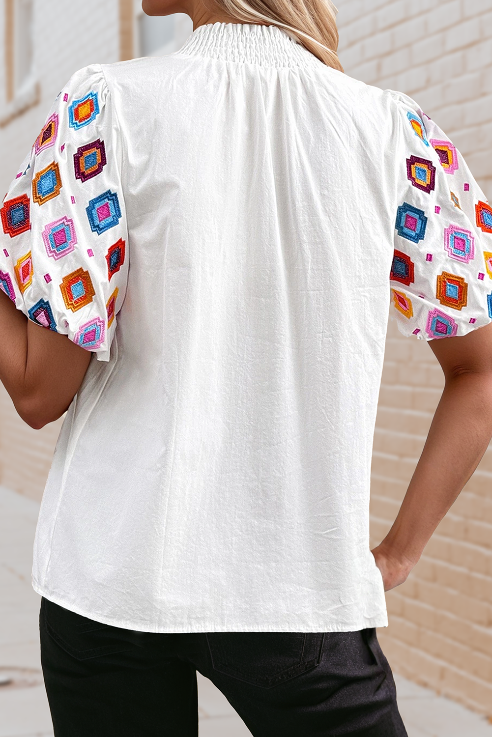 Embroidered Smocked Neck Puff Sleeve Top