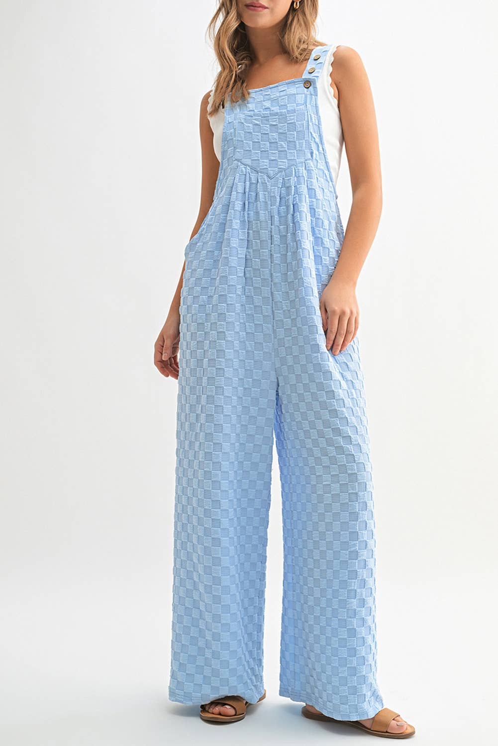 Blue Checkered Pocket Wide Leg Jumpsuit