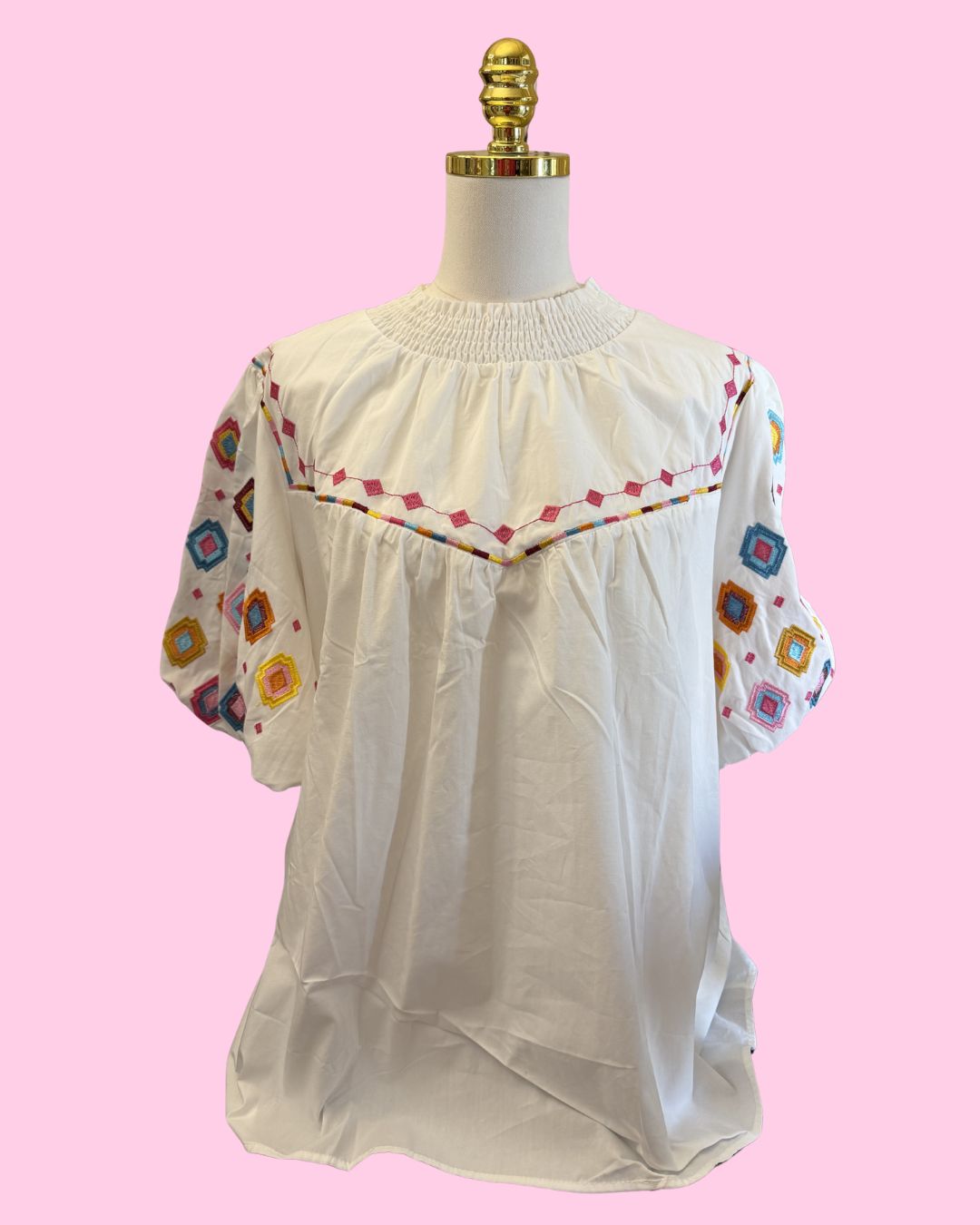 Embroidered Smock Neck