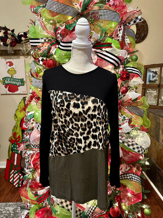 - Olive and Leopard Color Block Long Sleeve