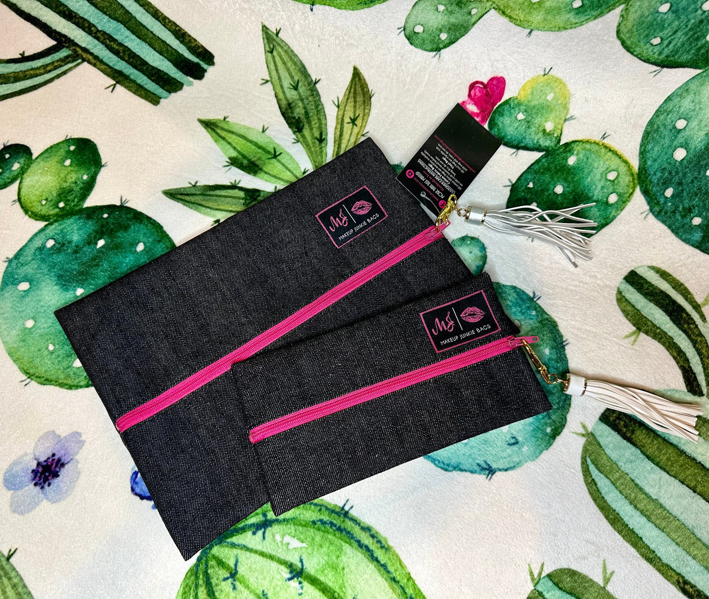 - Slate Denim Makeup Junkie Bag (HOT PINK ZIPPER)