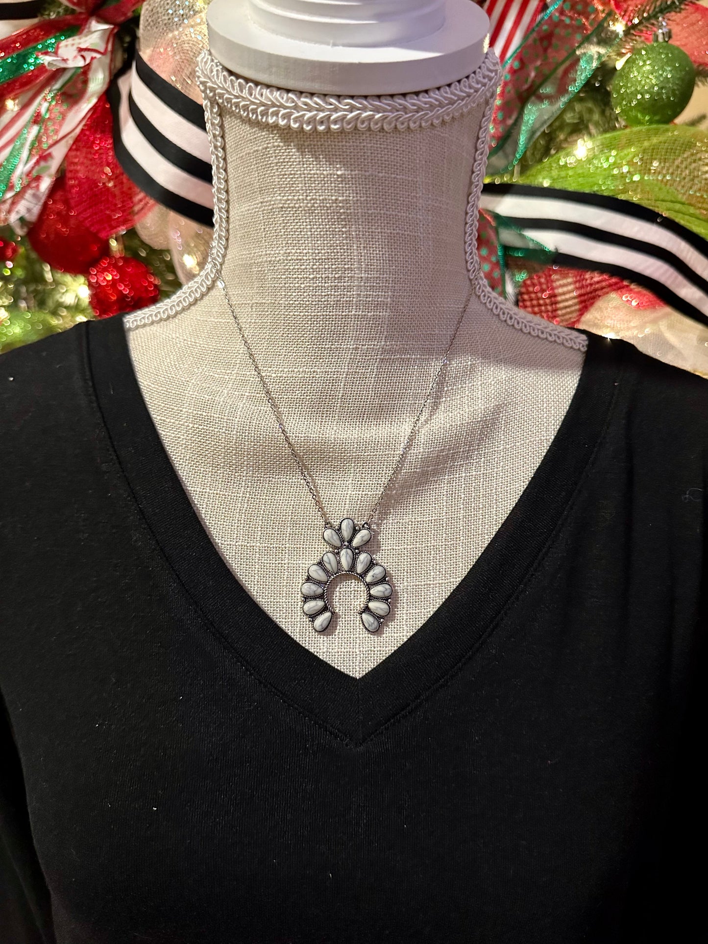 Grey Marble Squash Blossom Necklace - Silver Metal