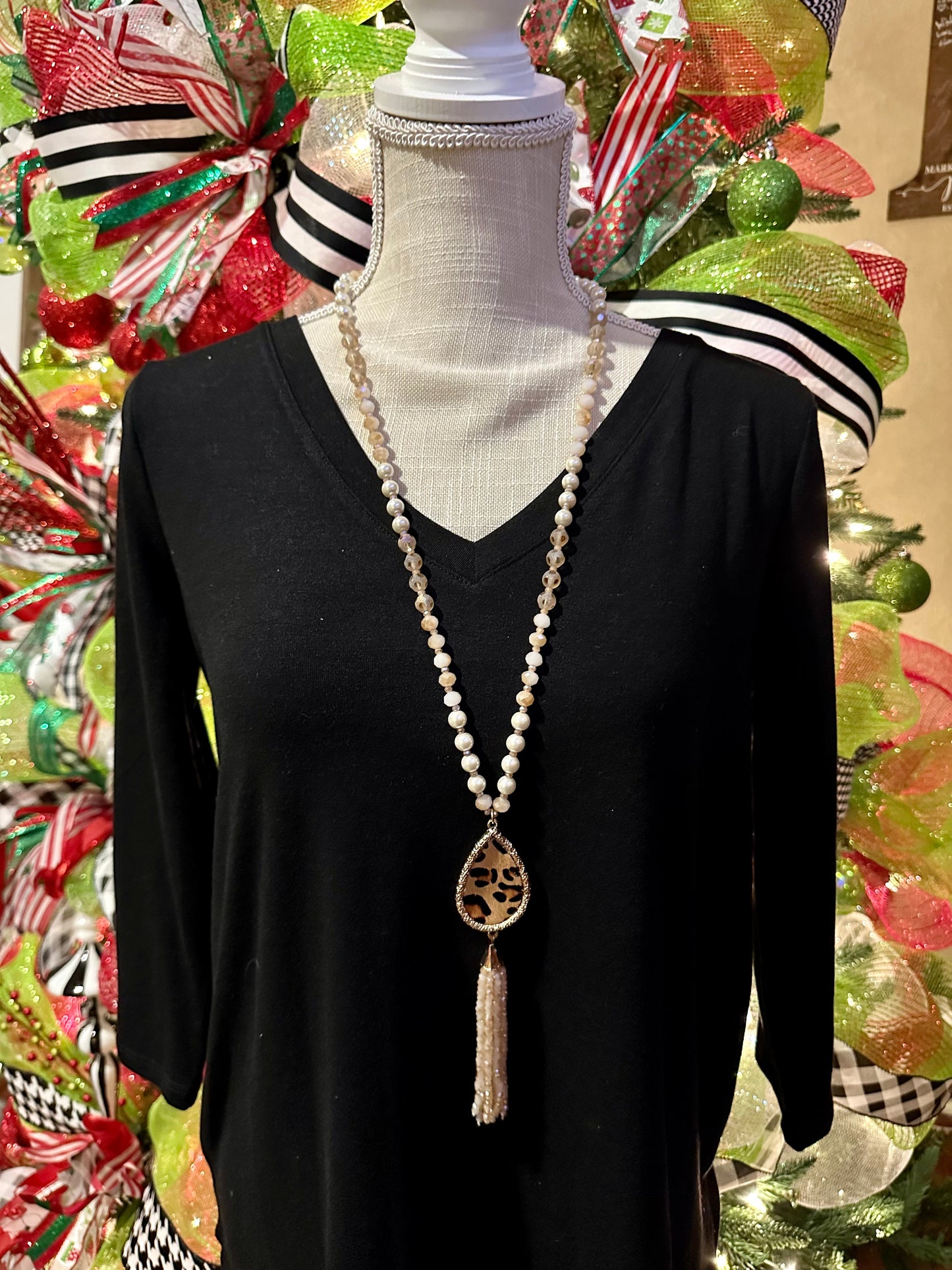 Leopard Beaded Tassel Drop Necklace