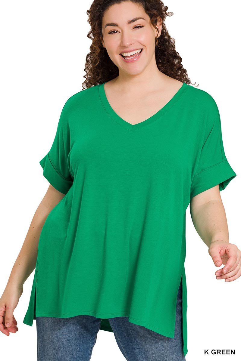 | '- Green Rolled V Neck Short Sleeve