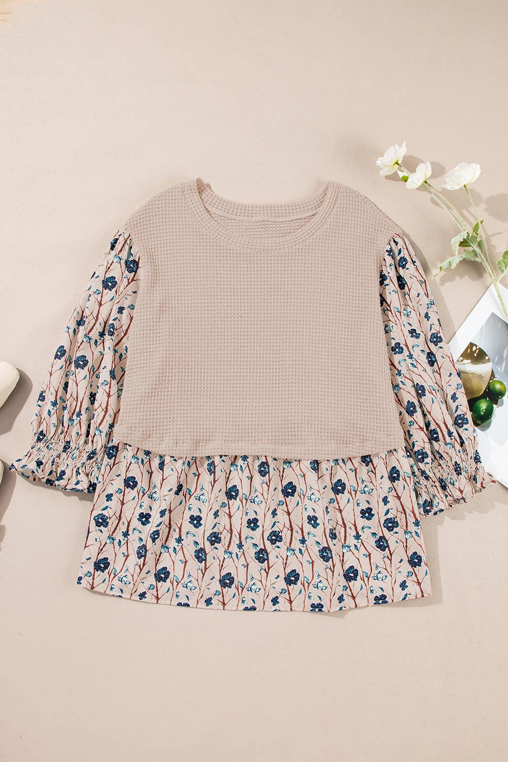 Floral Print Knit Patchwork Crew Neck Top