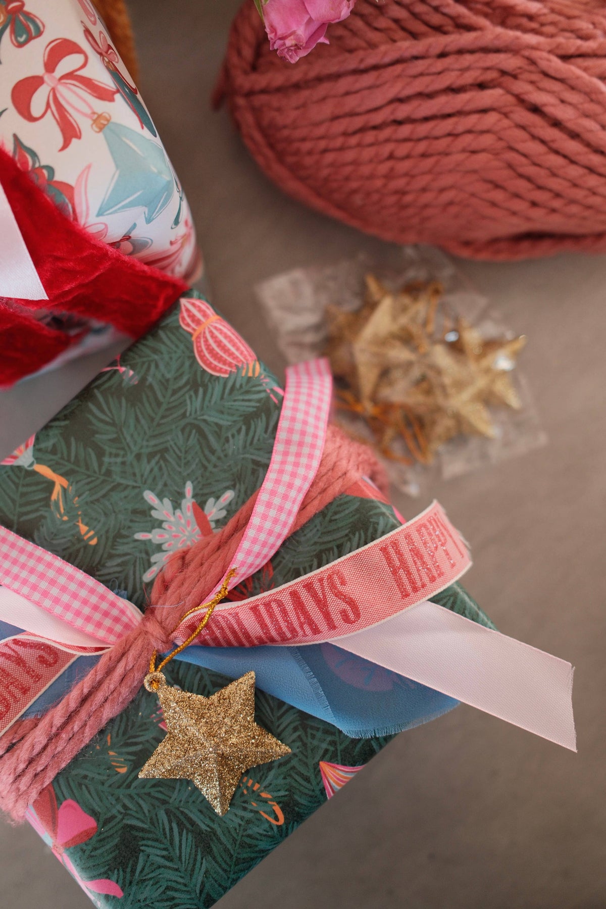 Christmas Ornaments and Branches Pink Wrapping Paper Roll