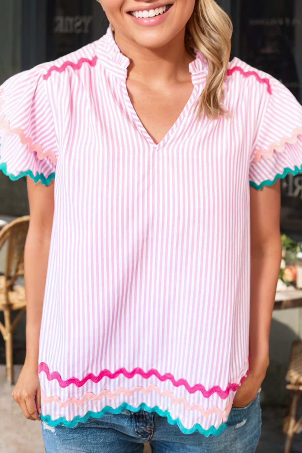 Ric-Rac Trim V Neck Pleated Blouse