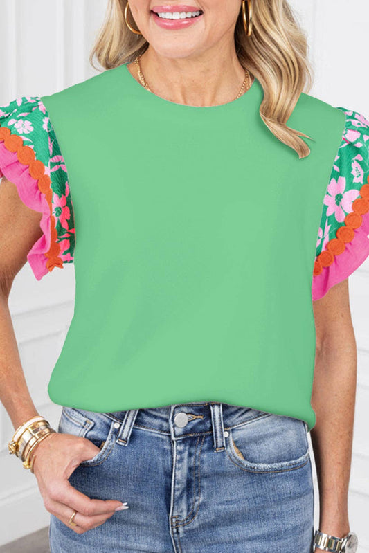 | Floral Ric-Rac Contrast Sleeve Top