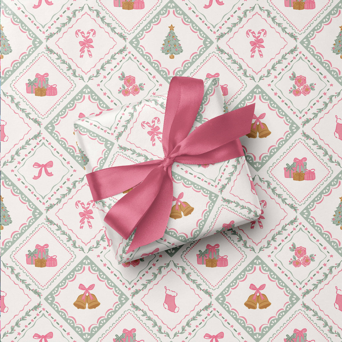 Christmas Quilt Misty Sage and Pink Wrapping Paper Roll
