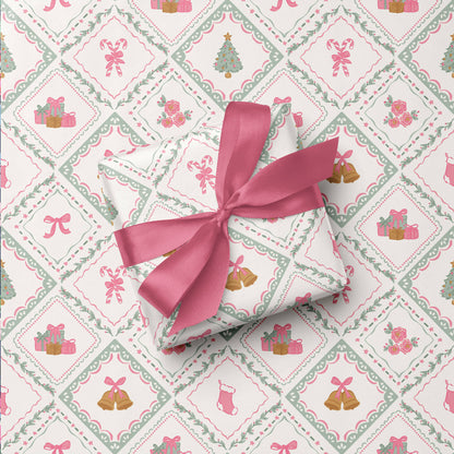 Christmas Quilt Misty Sage and Pink Wrapping Paper Roll
