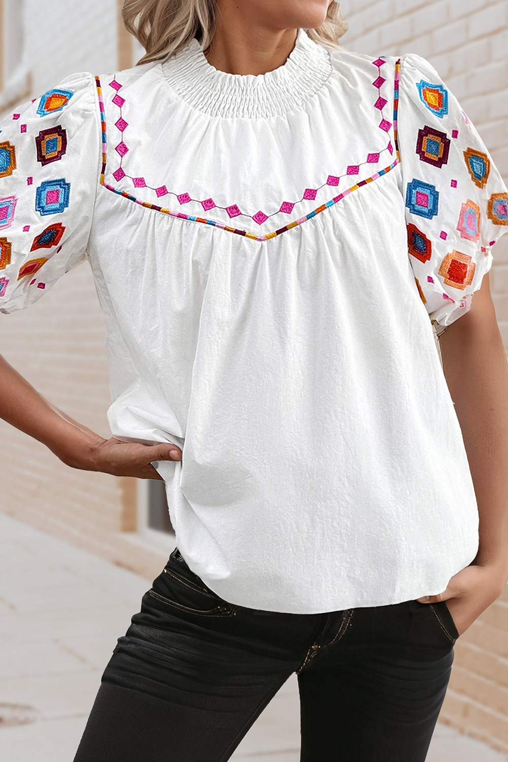 Embroidered Smocked Neck Puff Sleeve Top