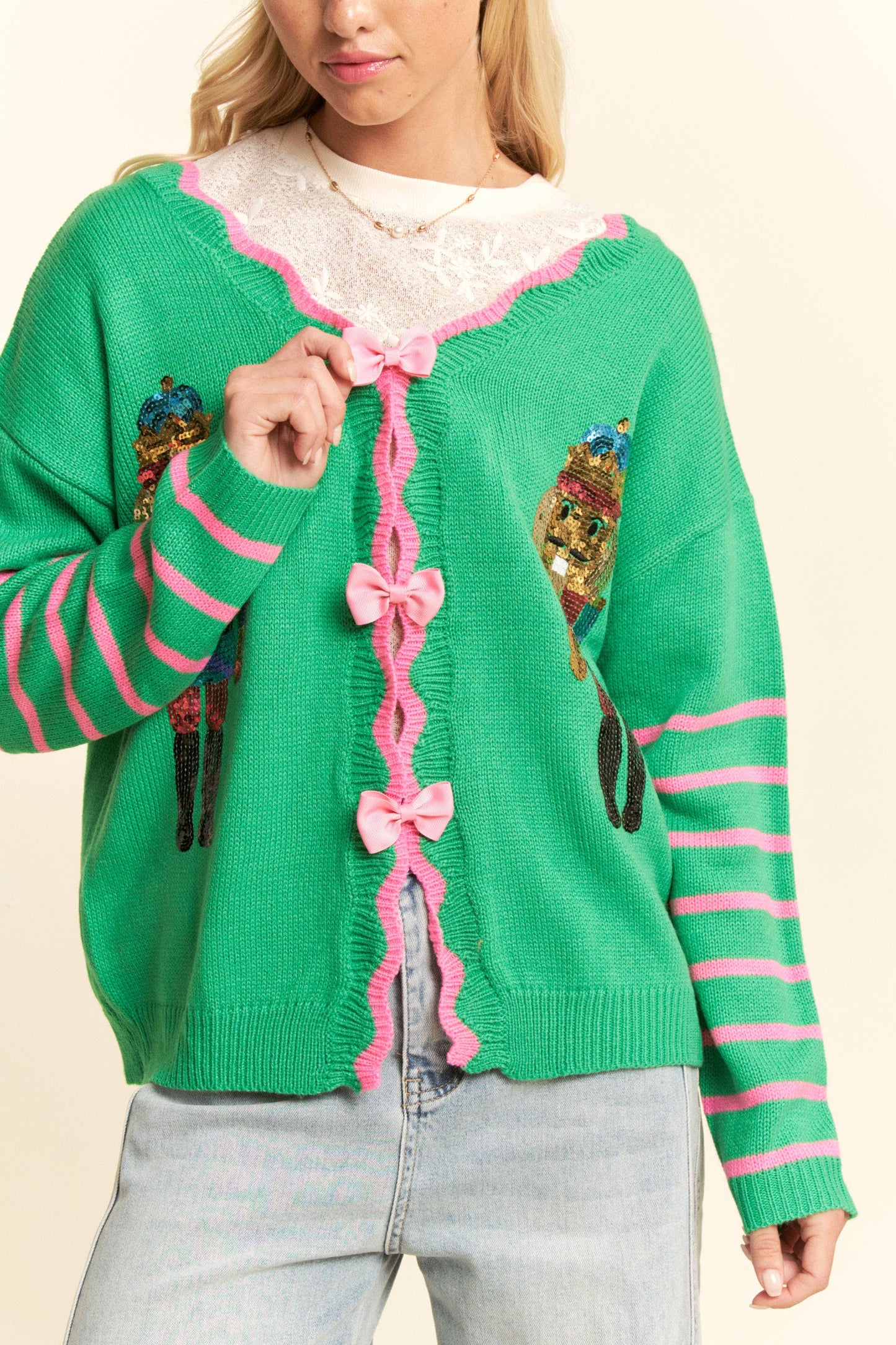 SEQUIN NUTCRACKER PATCH BOW DETAL SWEATER TOP
