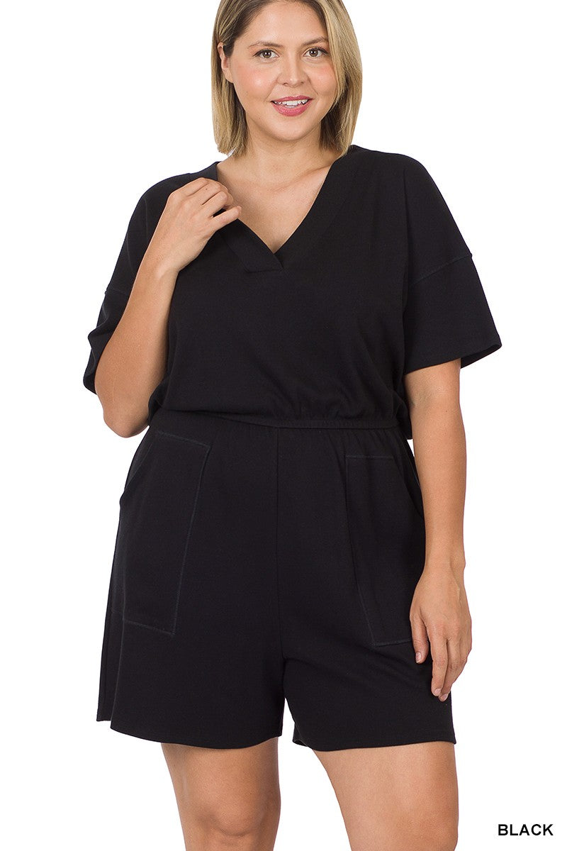 | '- Black V-Neck Romper with Pockets