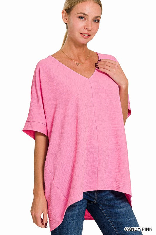 - Candy Pink Woven Short Sleeve Top