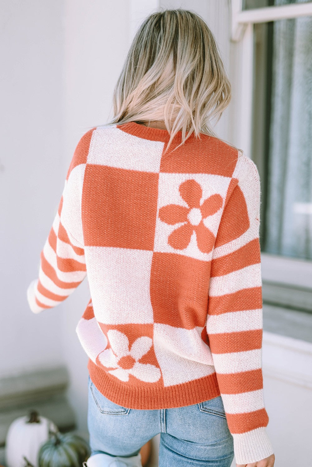 - Checkered Floral Print Sweater