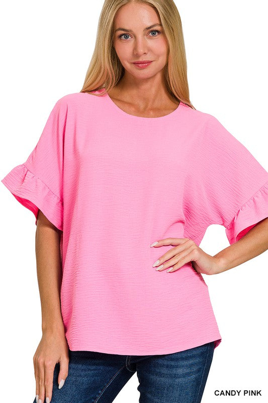 - Candy Pink Woven Ruffle Sleeve Top