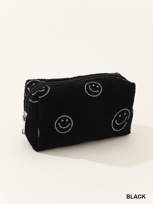 - Smiley Face Corduroy Cosmetic Bag - Black