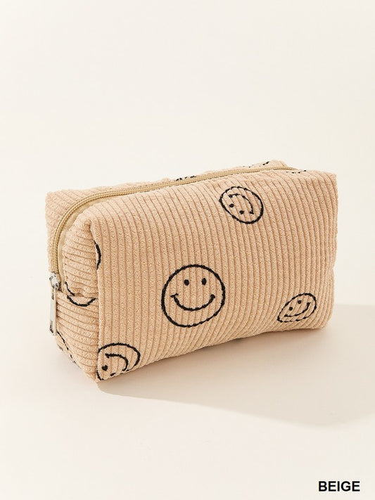 - Smiley Face Corduroy Cosmetic Bag - Beige