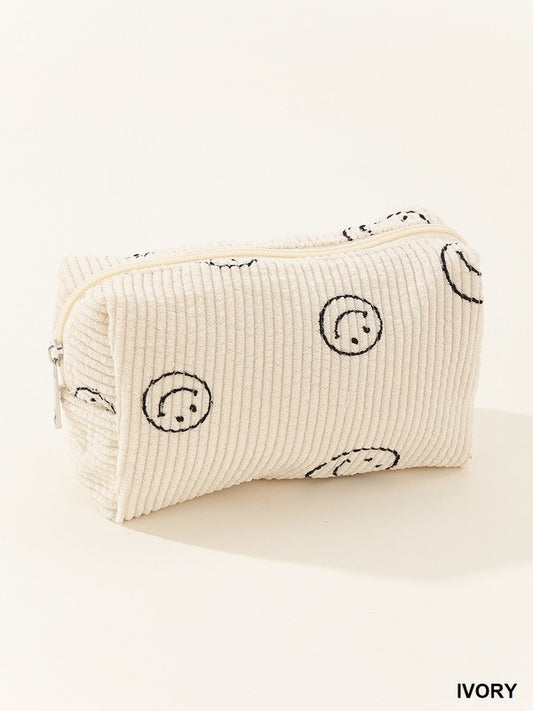 - Smiley Face Corduroy Cosmetic Bag - Ivory