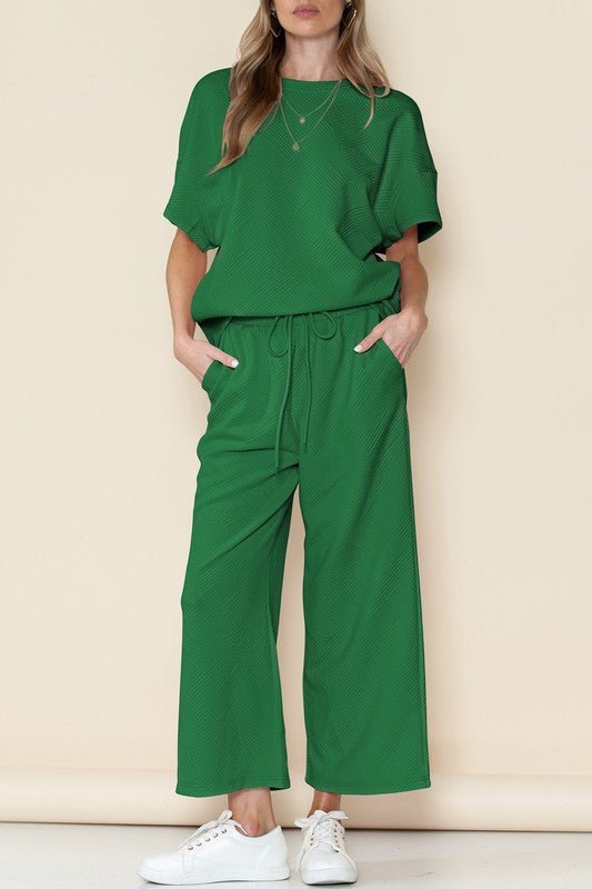 - Green Textured Short Sleeve Set