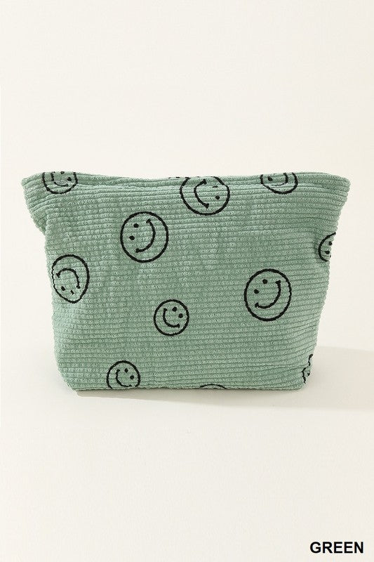 - Smiley Face Corduroy Cosmetic Bag - Green