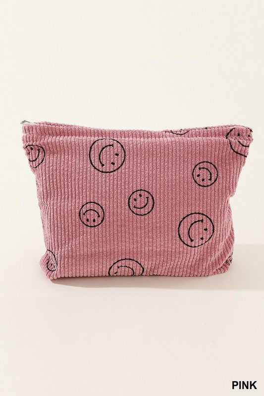- Smiley Face Corduroy Cosmetic Bag - Pink