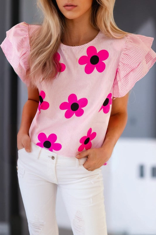 Pinstripe Floral Ruffled Flutter Sleeve Blouse