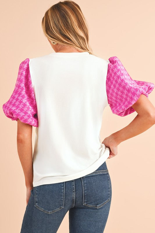 | '- Tweed Lantern Sleeve Patchwork Blouse