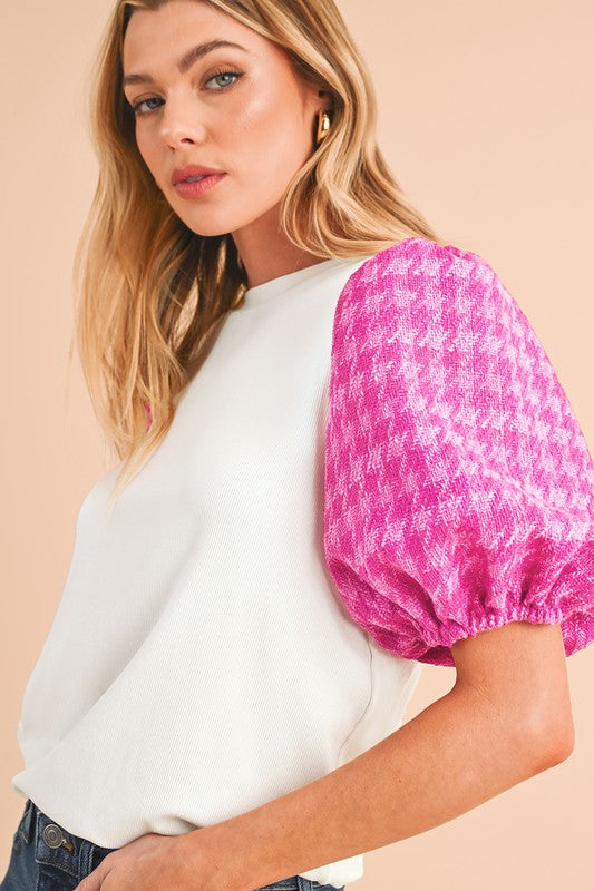 | '- Tweed Lantern Sleeve Patchwork Blouse