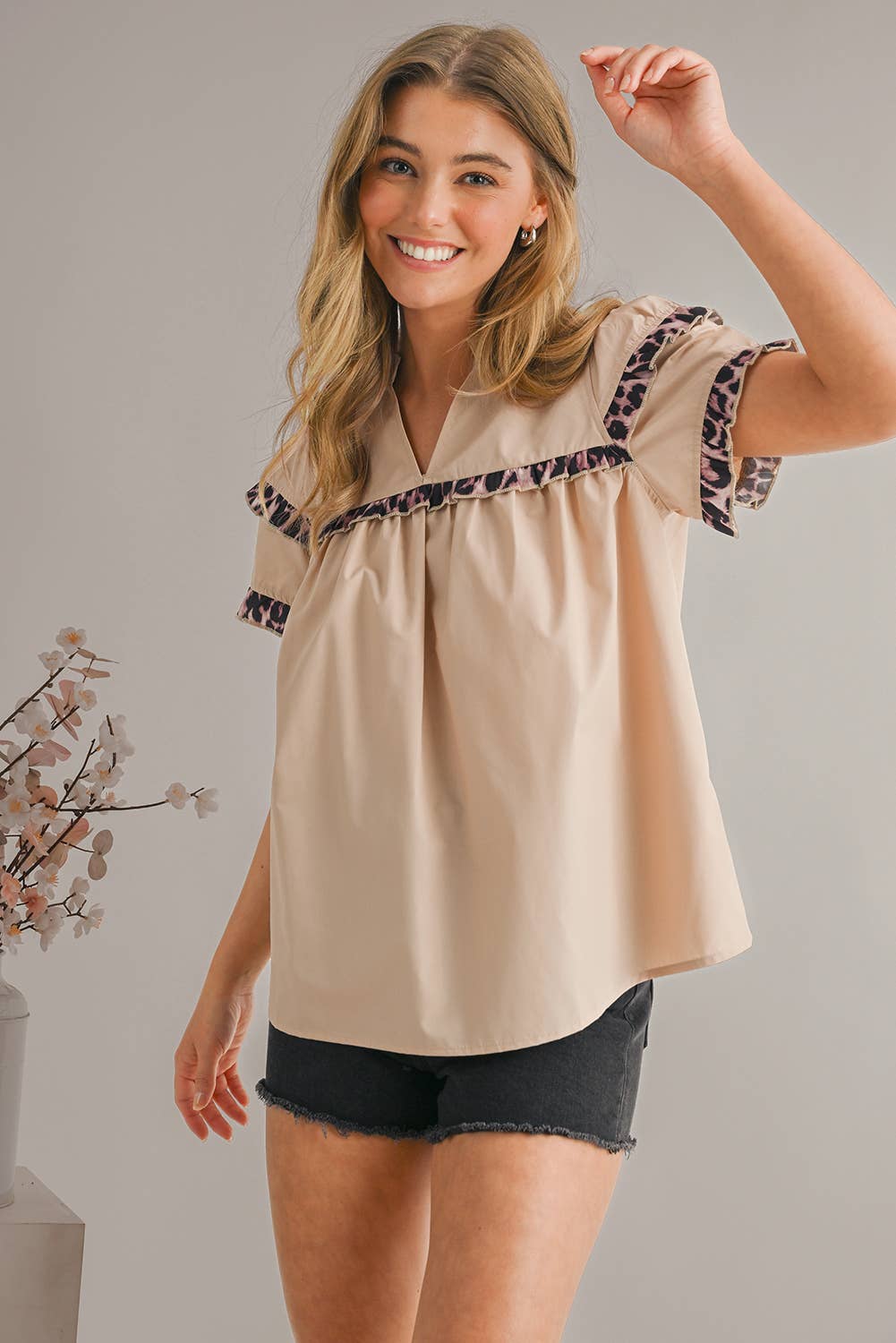 Leopard Ruffles Trim Ruffled Short Sleeve Blouse
