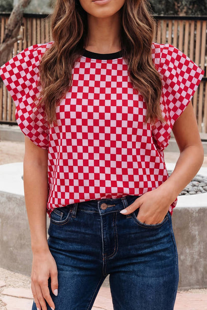 Checkered Print Ruffle Blouse