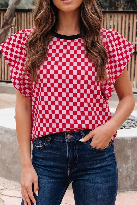 Checkered Print Ruffle Blouse