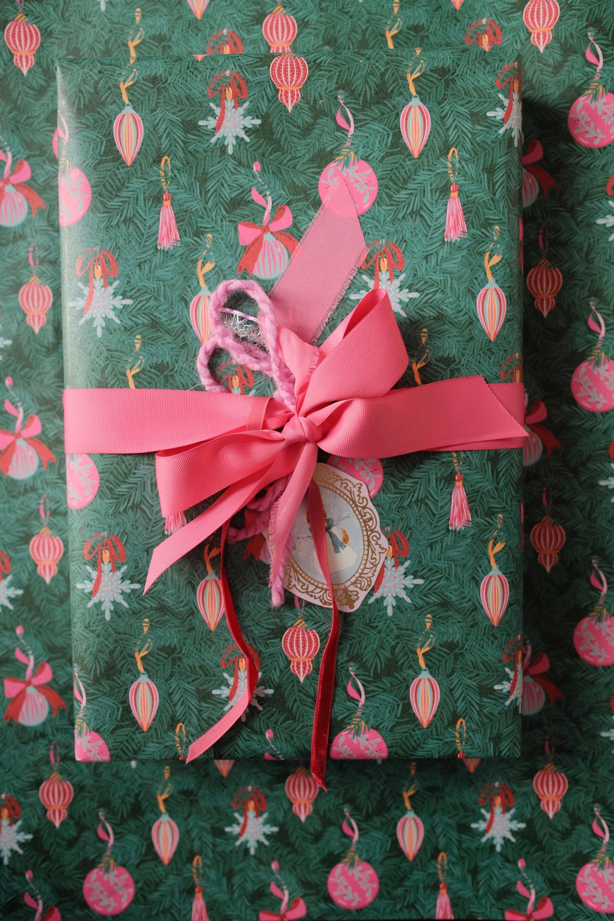 Christmas Ornaments and Branches Pink Wrapping Paper Roll