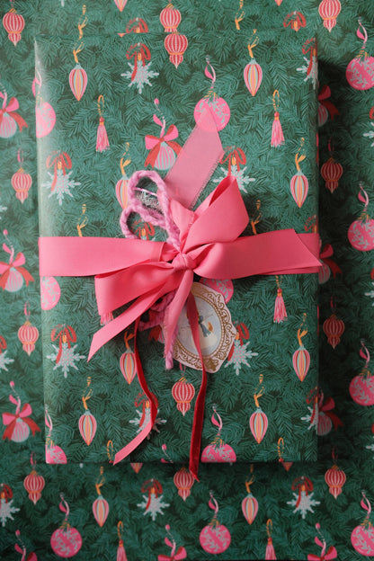 Christmas Ornaments and Branches Pink Wrapping Paper Roll