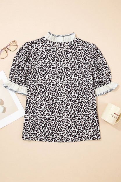 Leopard Ruffled Trim Blouse