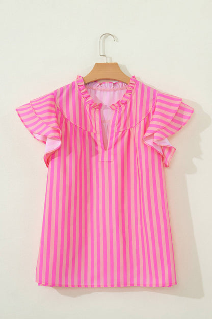 Stripe Split Neck Ruffled Blouse