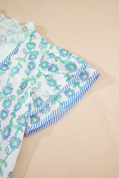 Floral Print Striped Flutte Blouse