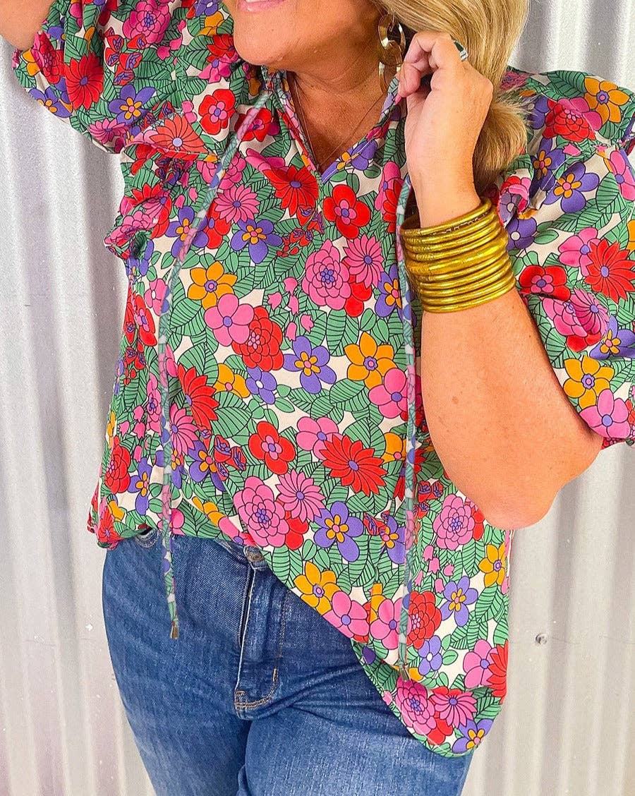 | Floral Ruffle Bubble Sleeve Blouse