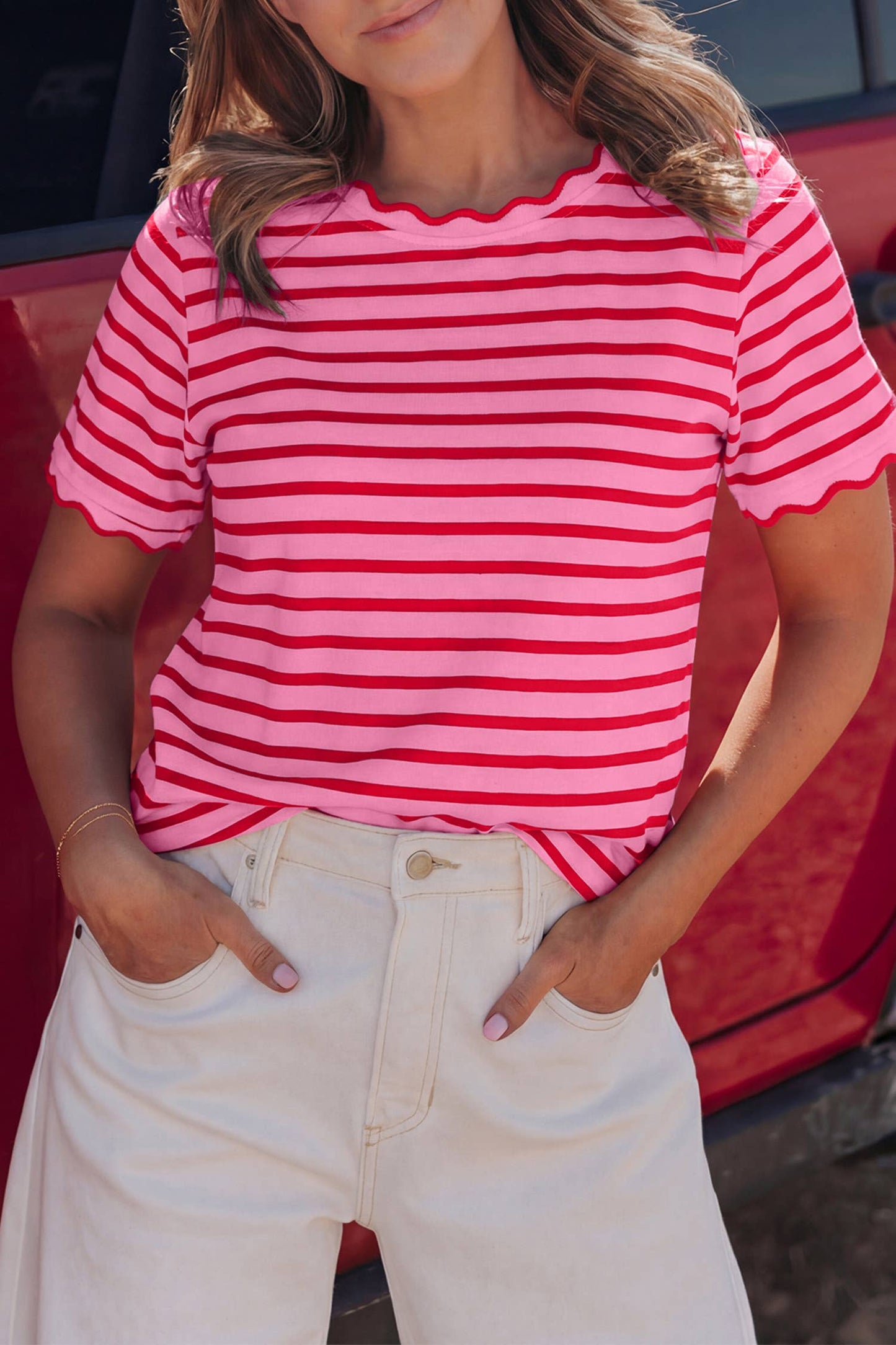 Stripe Scalloped Trim Blouse
