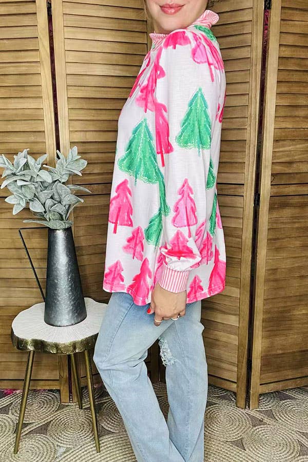 Christmas tree long sleeve striped women blouse GJQ16449